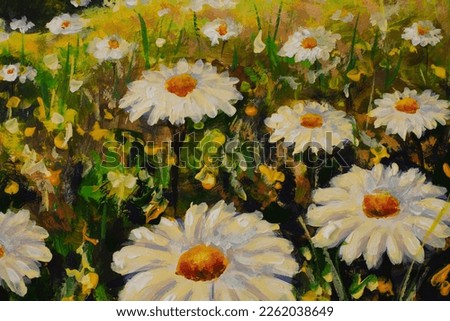 wall decor wild nature Modern art painting summer flower landscape illustration white large field daisies in grass closeup wild plant watercolor painting