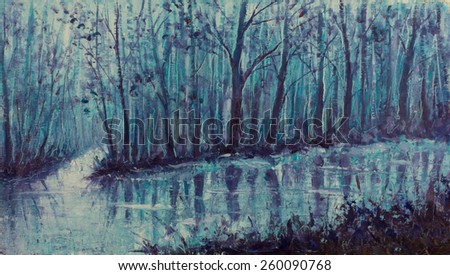 Original oil painting scary forest, beautiful magical creek on canvas. River in the mystical forest. Modern Impressionism. Impasto artwork.