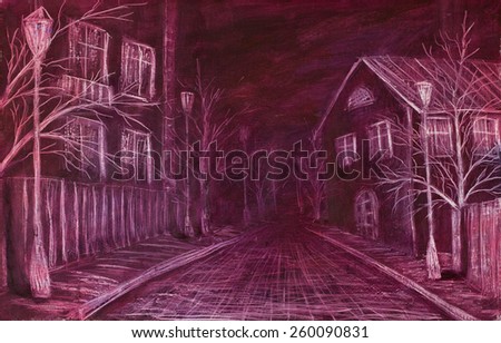Original oil painting deserted streets, beautiful dead trees and pavement on canvas. The dark lonely street. Modern Impressionism. Palette knife artwork.