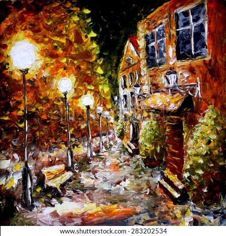 Oil painting on canvas. Night old city. Artwork. Yellow building. Lamps. Impressionism. Art.