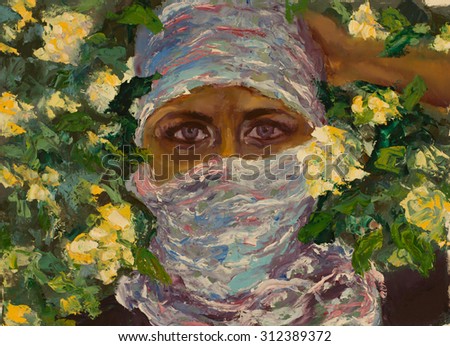Original oil painting head girl in a scarf on the background of spring colors. Beautiful eyes on canvas. Impasto artwork. Impressionism art.