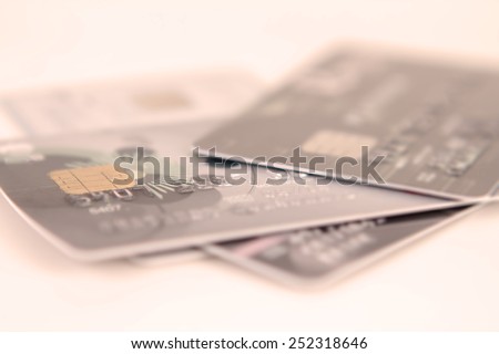 close up stacking credit cards , selective focus by very shallow focus