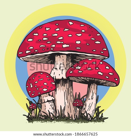 MUSHROOMS VINTAGE 60s 70s SCREEN GRAPHIC HIPPIE PSYCHEDELIC OUTLINE COLORFUL AMANITA MUSCARIA FLY AGARIC MUSHROOM FUNGUS RETRO FASHION 