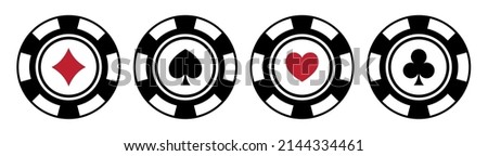 Poker chips color icons vector set. Playing poker concept. Isolated Casino poker chip logo. Poker symbols. Vector illustration.	
