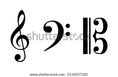Set of music clef vector. Musical clef. Set of music elements. Treble clef, Alto and Tenor clefs, Bass clef. Outline vector illustration.