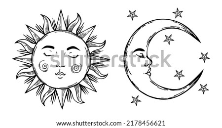 Set of beautiful mystical elements, sun and crescent moon with face vintage style. Design tattoos elements. Antique style vector. Hand drawn in engraving style isolated on white background.