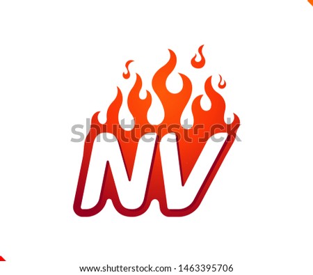 Uppercase initial logo letter NV with blazing flame silhouette,  simple and retro style logotype for adventure and sport activity.