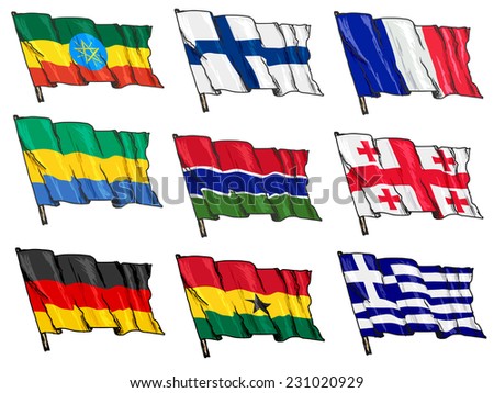 set of hand drawn sketch illustrations of national flags