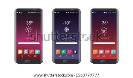 Telephone devices. Three images of mobiles. Image of a mobile phone with its applications, to exchange. Call, messaging, camera and file gallery applications. Real Image Editable Vector