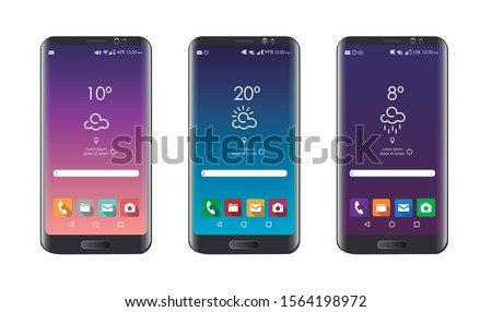 Telephone devices. Three images of mobiles. Image of a mobile phone with its applications, to exchange. Call, messaging, camera and file gallery applications. Real Image. Editable Vector.