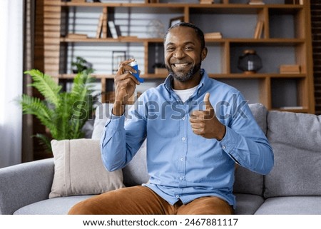 Image, Stock Photo Senior man inhaling airways and lungs applying medicine. Covid-19 or coronavirus treatment. Man breathing through face mask using nebuliser