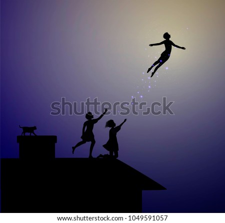 Peter Pan story, children on the roof, peter pan flies, vector