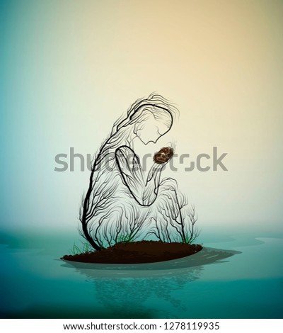 tree silhouette like a woman holding nest with white bird and hiding it from the flooding river, spring tree soul, tree alive idea, vector