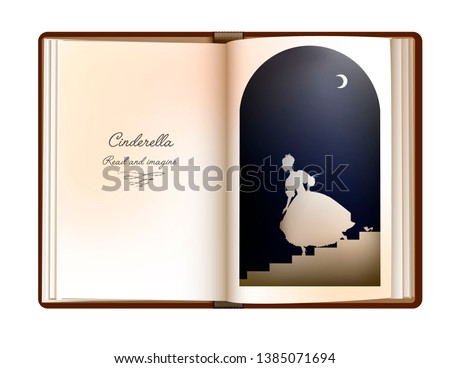 Cinderalla story idea, reading and imagination concept, vintage empty book page looks like arch window with cindarella silhouette, vector