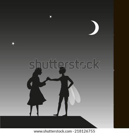 elf and girl, fairy night, Peter Pan and Wendy on the roof, couple, vector