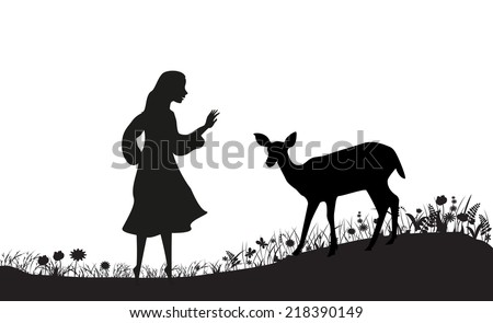 Girl And Deer On The Field, Black And White,Silhouette, Shadows ...