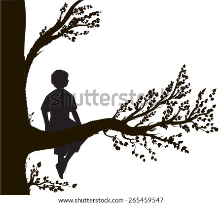 Boy Sitting On Big Tree Branch, Silhouette, Secret Place, Childhood ...