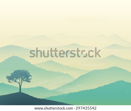 Tranquil hills, vista landscape with tree, early morning in mountains, vector, foggy dream landscape