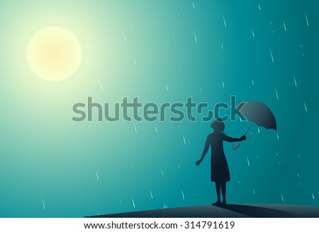 Young girl standing in the rain pulls aside umbrella to look at bright sun, rain is over