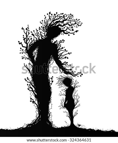 Two Tree Silhouettes Look Like Woman And Kid Or Mother And Child, Plant ...