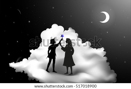 Peter Pan story, Peter Pan and Wendy standing on the cloud, fairy night, silhouette,