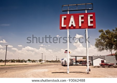 Cafe sign along historic Route 66 in Texas. Vintage Processing.