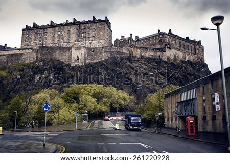 EDINBURGH, SCOTLAND - MAY 06, 2014: Edinburgh Castle on Castle Rock. City view of Edinburgh. Edinburgh is the capital city and second most populous city in Scotland