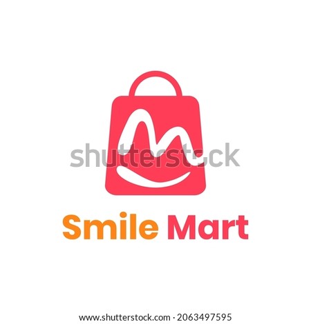 Letter M smile shop logo with bag icon for e commerce and store logo