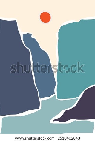 cliffs and rivers hand draw lanscape panorama. Organic doodle shapes matisse style, naive art, contemporary backgrounds. Sea and cliffs vector illustration