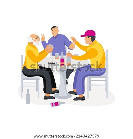 Three men are sitting at a table and drinking alcohol. Alcoholism. Empty bottles, cigarettes.  Vector color drawing in a flat style.