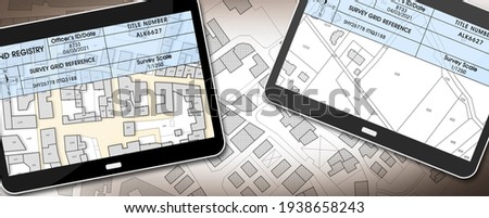 Land registry concept image with an imaginary cadastral map of territory - Property Tax on buildings with land and buildings cadastre with land registry document on a digital tablet - 3D rendering.