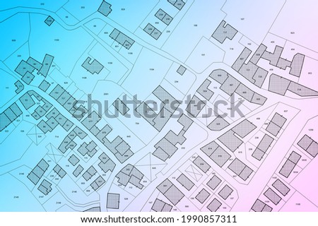 Imaginary cadastral map of territory with buildings, roads and land parcel - land registry concept illustration - Note: the map background is totally invented and does not represent any real place.