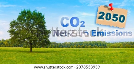 CO2 Net-Zero Emission concept against a forest - Carbon Neutrality concept - 2050 According to European law  ストックフォト © 