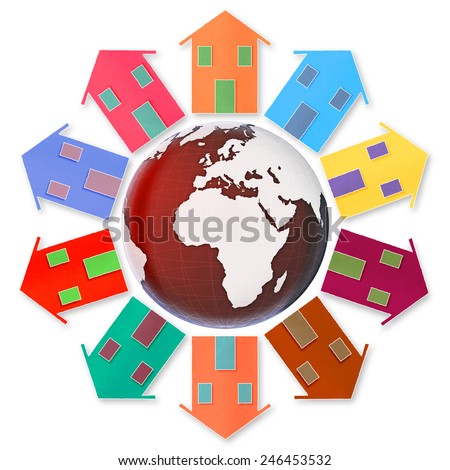 Global village concept - Ten small houses around the Earth. Photo composition with image from NASA.