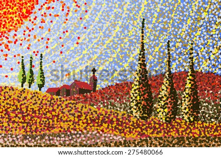 Hand made drawing which is inspired by Tuscany landscapes (Italy) Digital drawing inspired by Tuscany landscapes (Italy) (Drawing is composed of about 17.000 colored dots