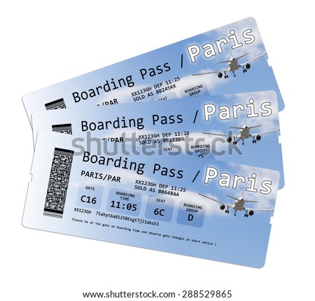 Airline boarding pass tickets to Paris isolated on white.