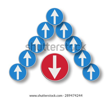 Counter-current concept image. The red arrow goes against