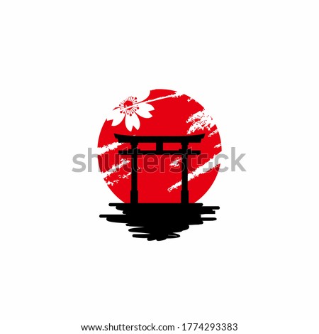 Torii Gate Logo With Red Sunset and Sakura Flower. Is a traditional Japanese gate most commonly found at the entrance of or within a Shinto shrine. 