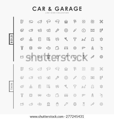 car and garage on bold and thin outline icons concept