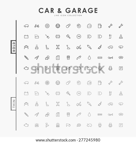 car and garage on bold and thin line icons concept