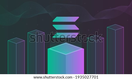 Solana cryptocurrency gradient logo on colorful isometric cubes background with wavy lines.