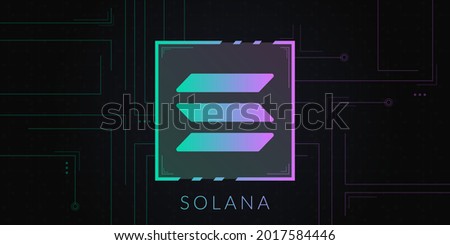 Solana cryptocurrency logo on dark background with circuits decoration.