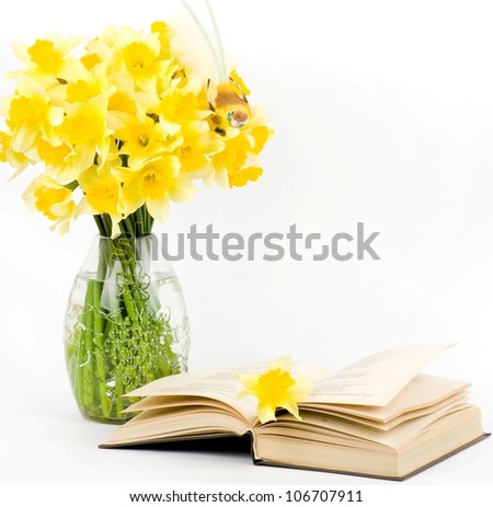 Beautiful spring flowers in a glass vase with book