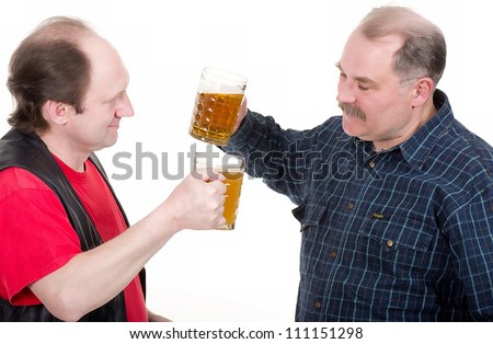 Elderly men holding a beer belly and sausage