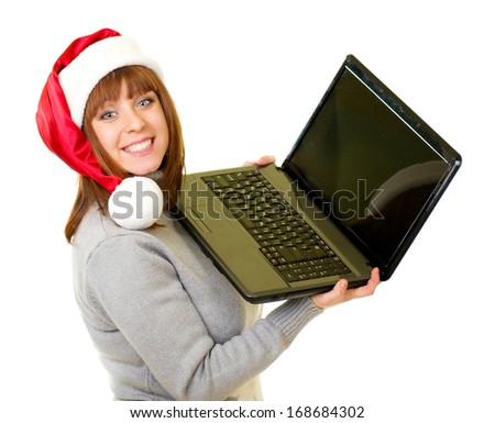 Beautiful young woman in Santa Claus clothes with notebook on white background.