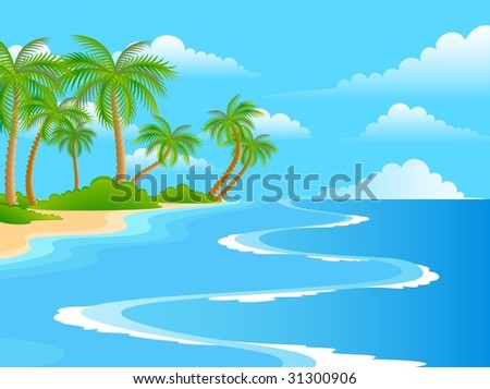 Beautiful a bright landscape on the summer beach with palm trees
