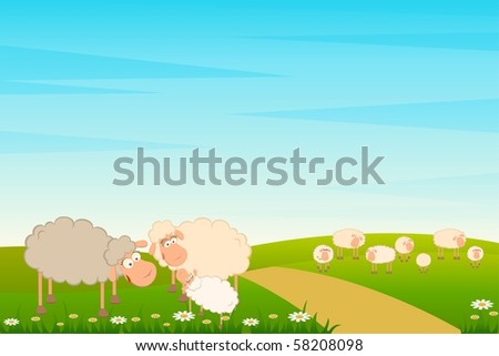 Vector Family Of Cartoon Sheep On Landscape Background - 58208098 ...