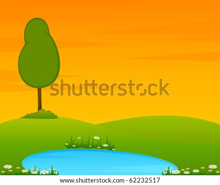 Country Landscape with tree and lake. Vector.