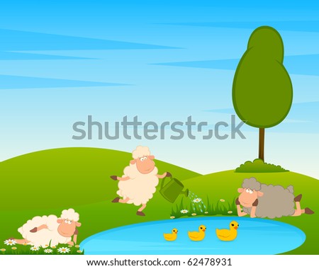 Cartoon funny sheep on country landscape with tree and lake. Vector illustration