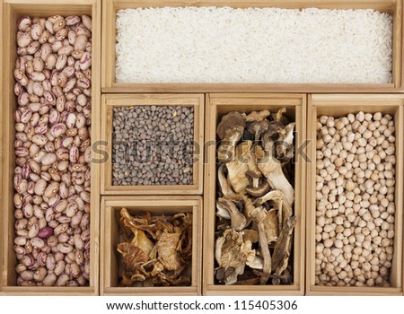 Variation of lentils, beans, peas, soybeans, legumes and dry mushrooms in wooden box